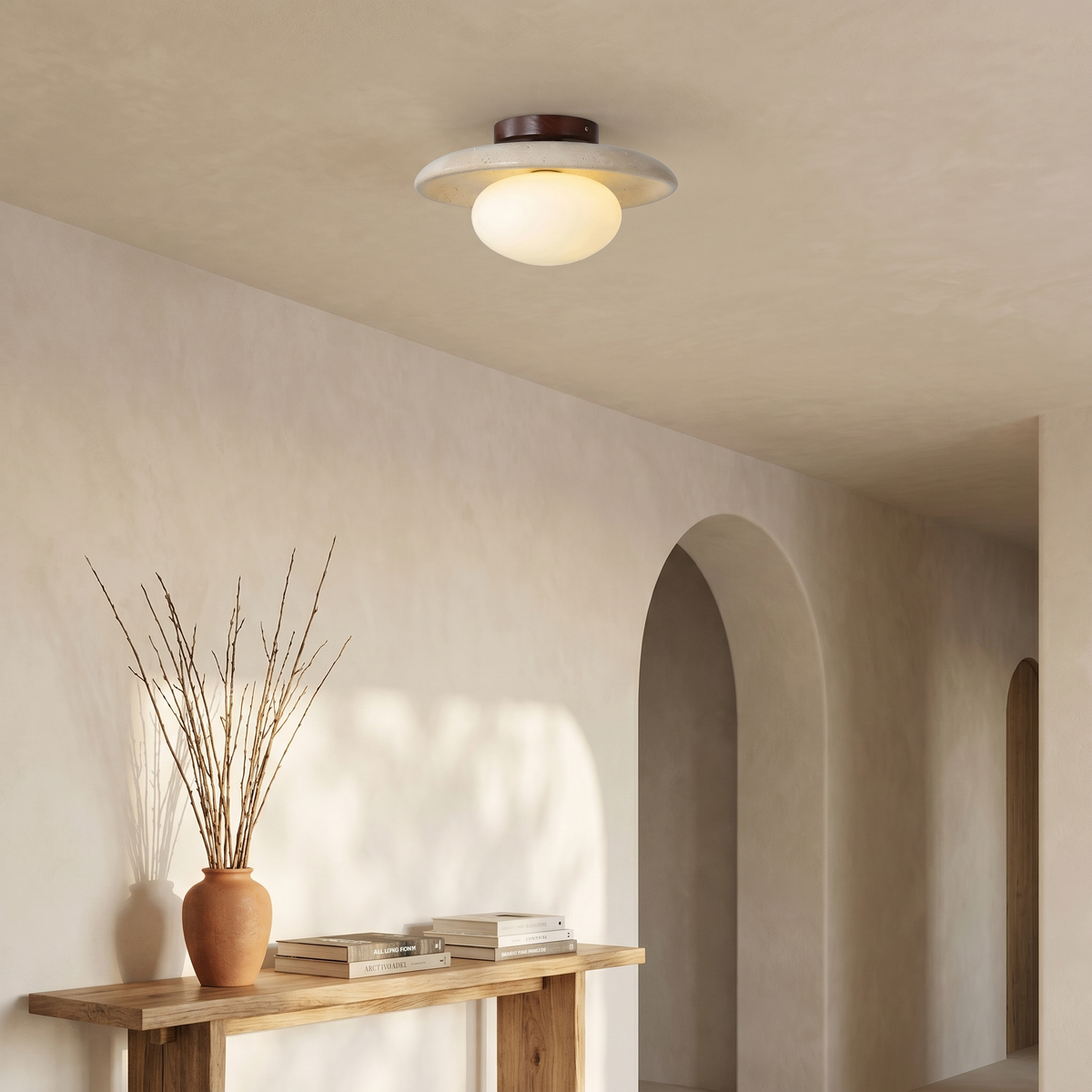 Plafonnier Disque en Travertin & Globe Opale Bois Foncé
