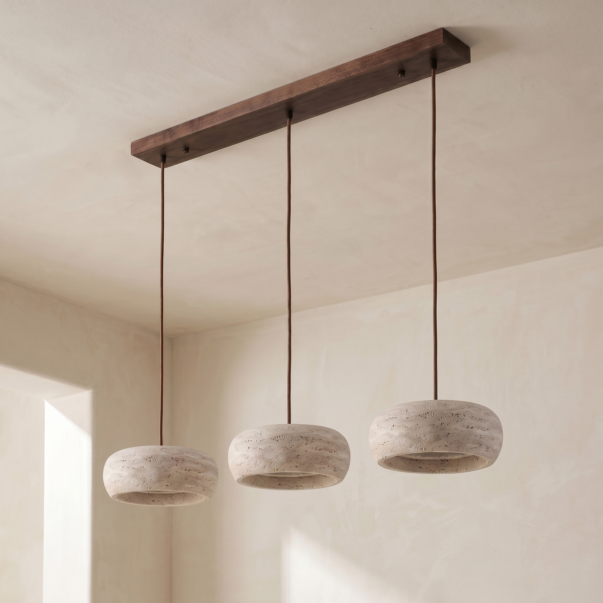 Lustre en Travertin 3 Lampes & Support en Bois