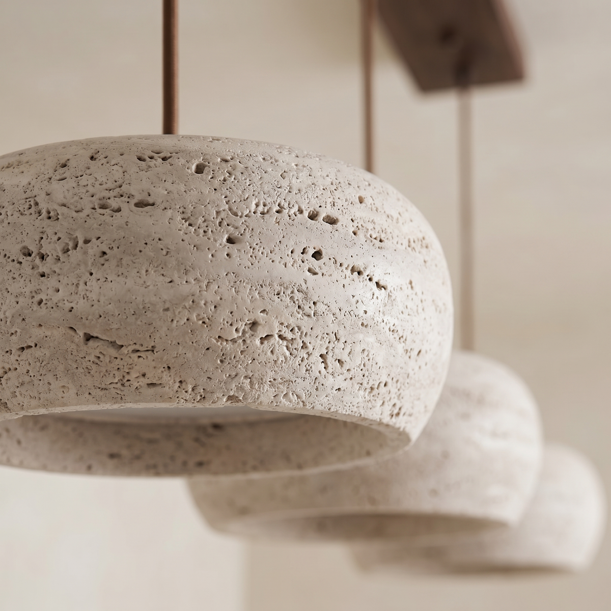 Lustre en Travertin 3 Lampes & Support en Bois