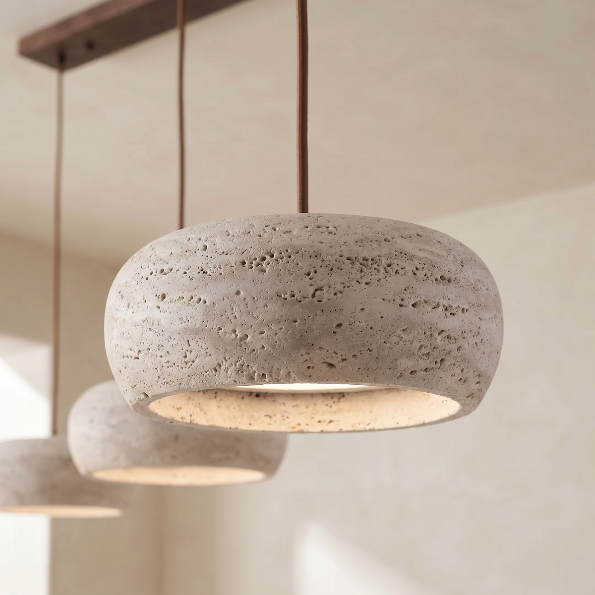 Lustre en Travertin 3 Lampes & Support en Bois
