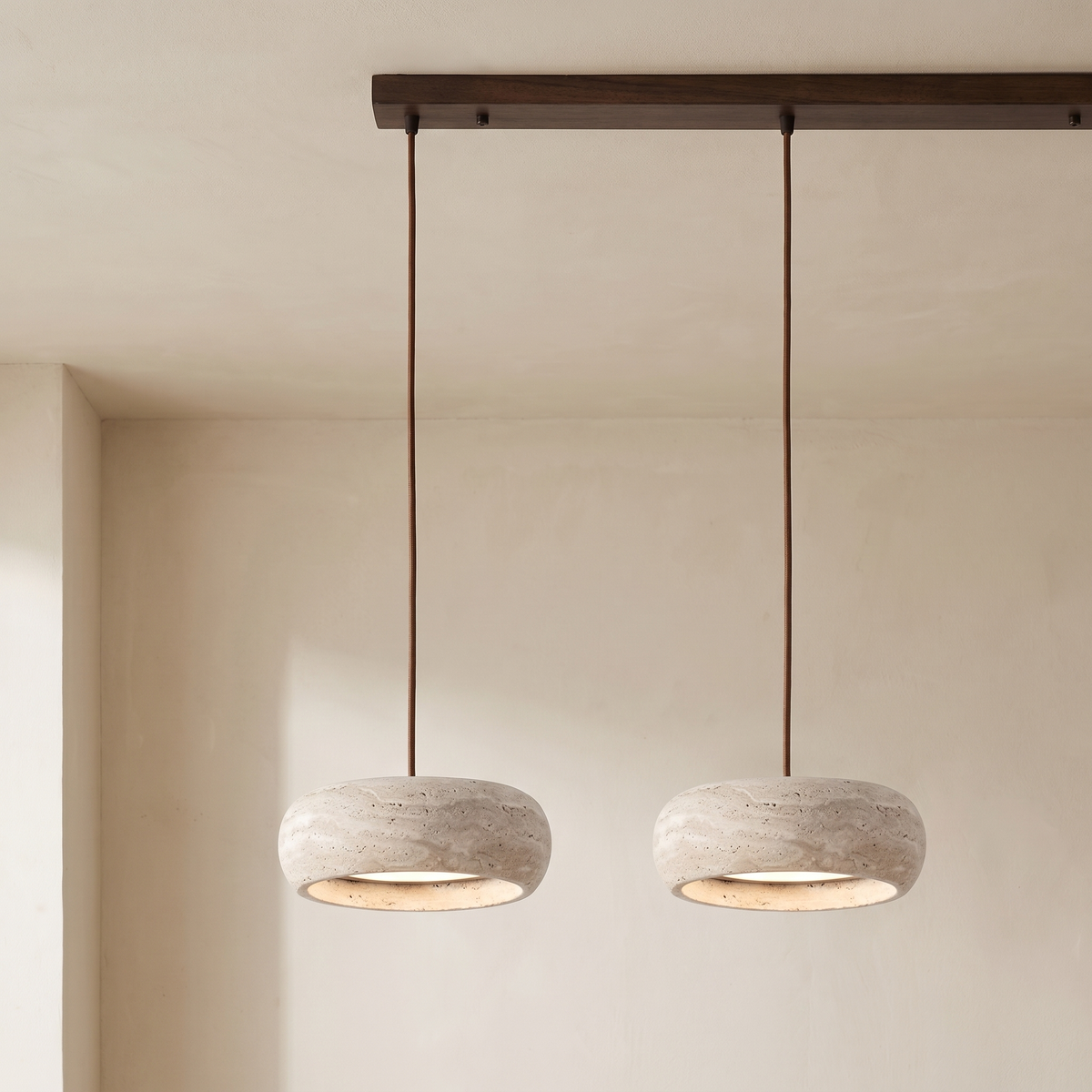 Lustre en Travertin 3 Lampes & Support en Bois