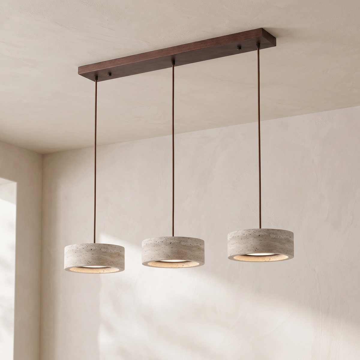 Lustre en Travertin 3 Lampes & Support en Bois