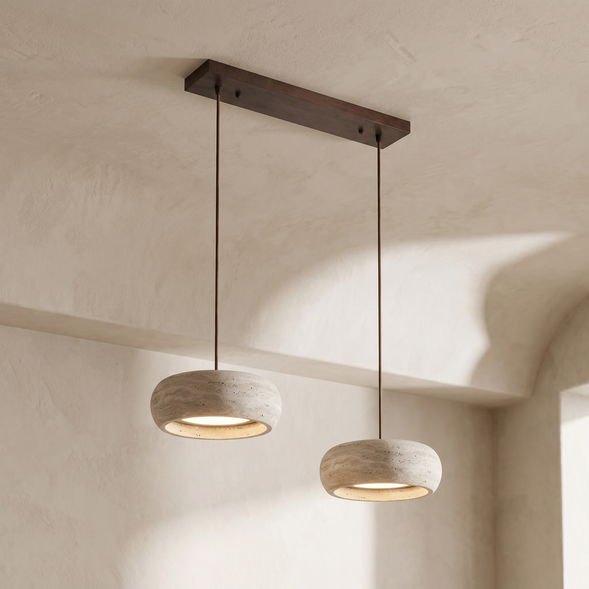Lustre en Travertin 2 Lampes & Support en Bois
