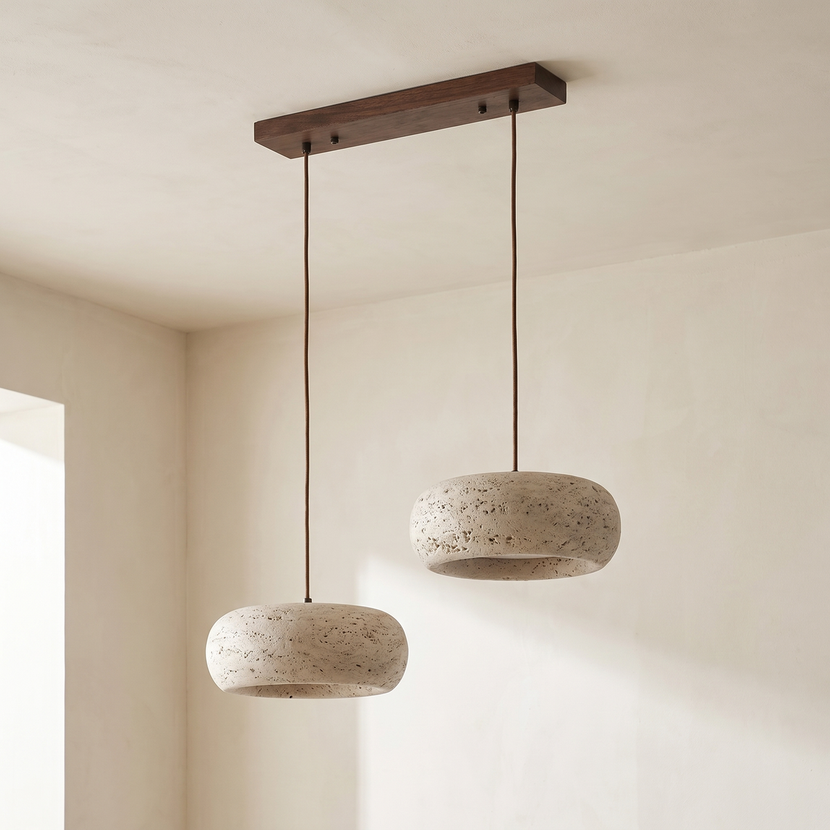 Lustre en Travertin 2 Lampes & Support en Bois
