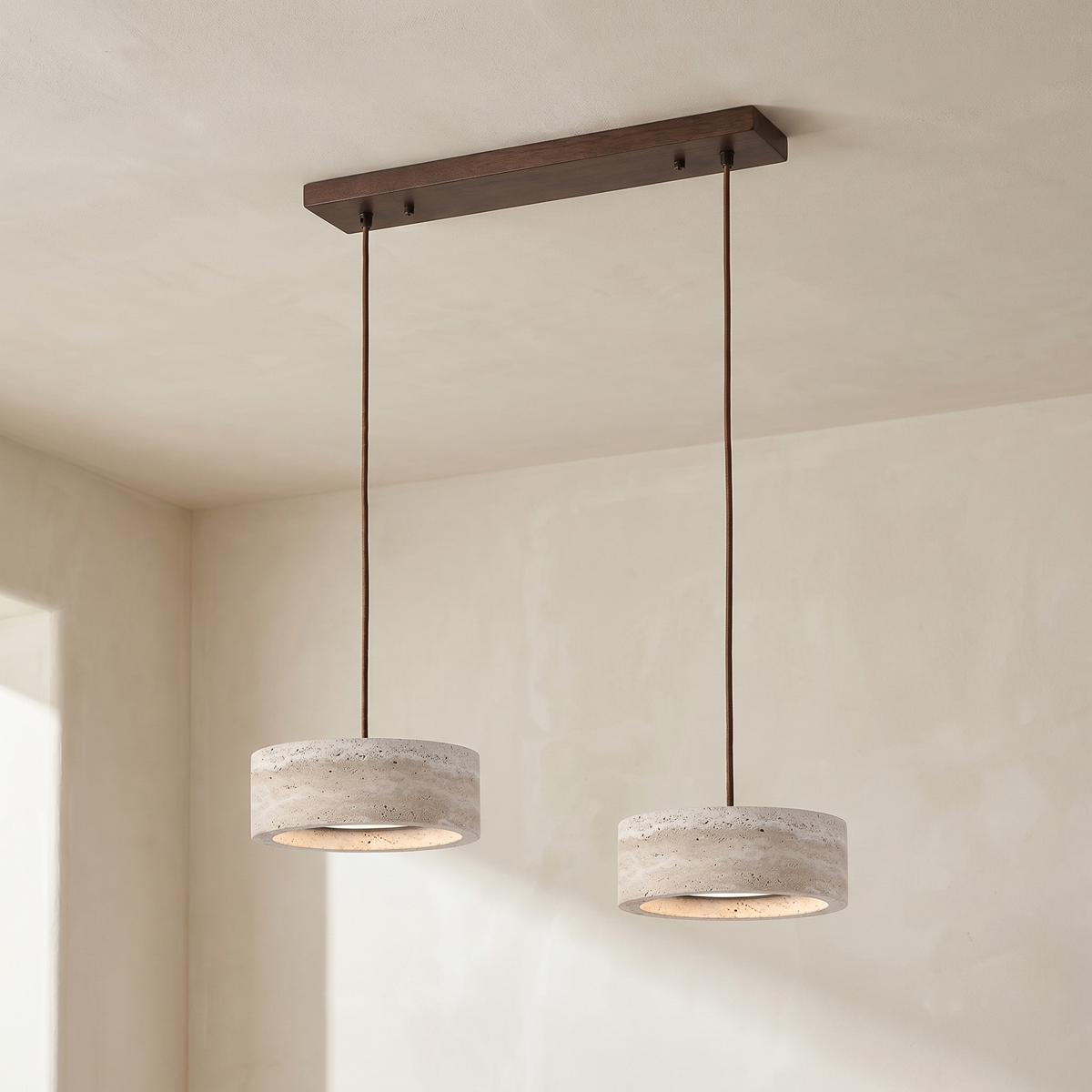 Lustre en Travertin 2 Lampes & Support en Bois
