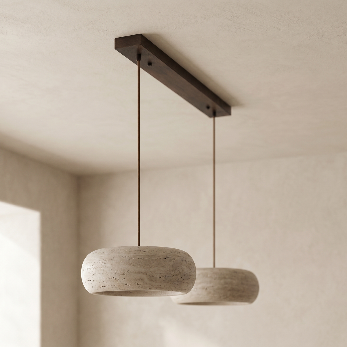 Lustre en Travertin 2 Lampes & Support en Bois