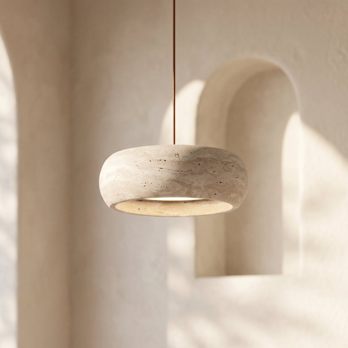 Suspension Cylindrique en Travertin & Support en Bois