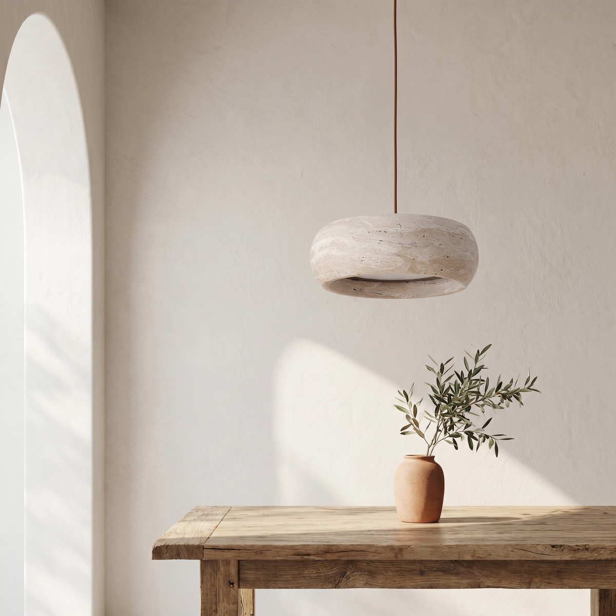 Suspension Cylindrique en Travertin & Support en Bois