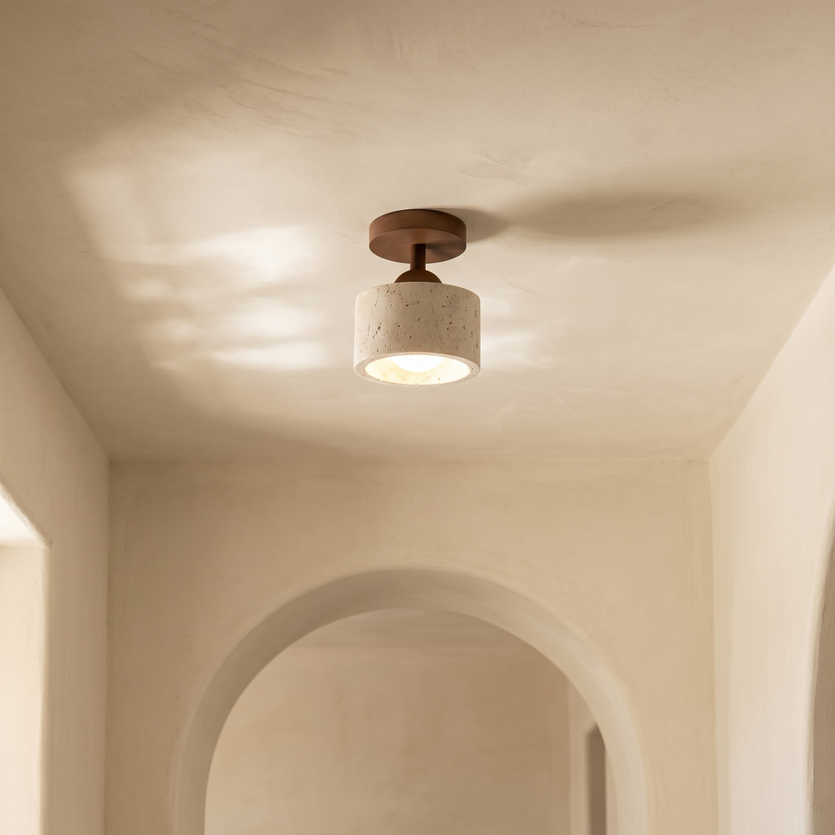 Plafonnier Tambour en Travertin & Bois Foncé