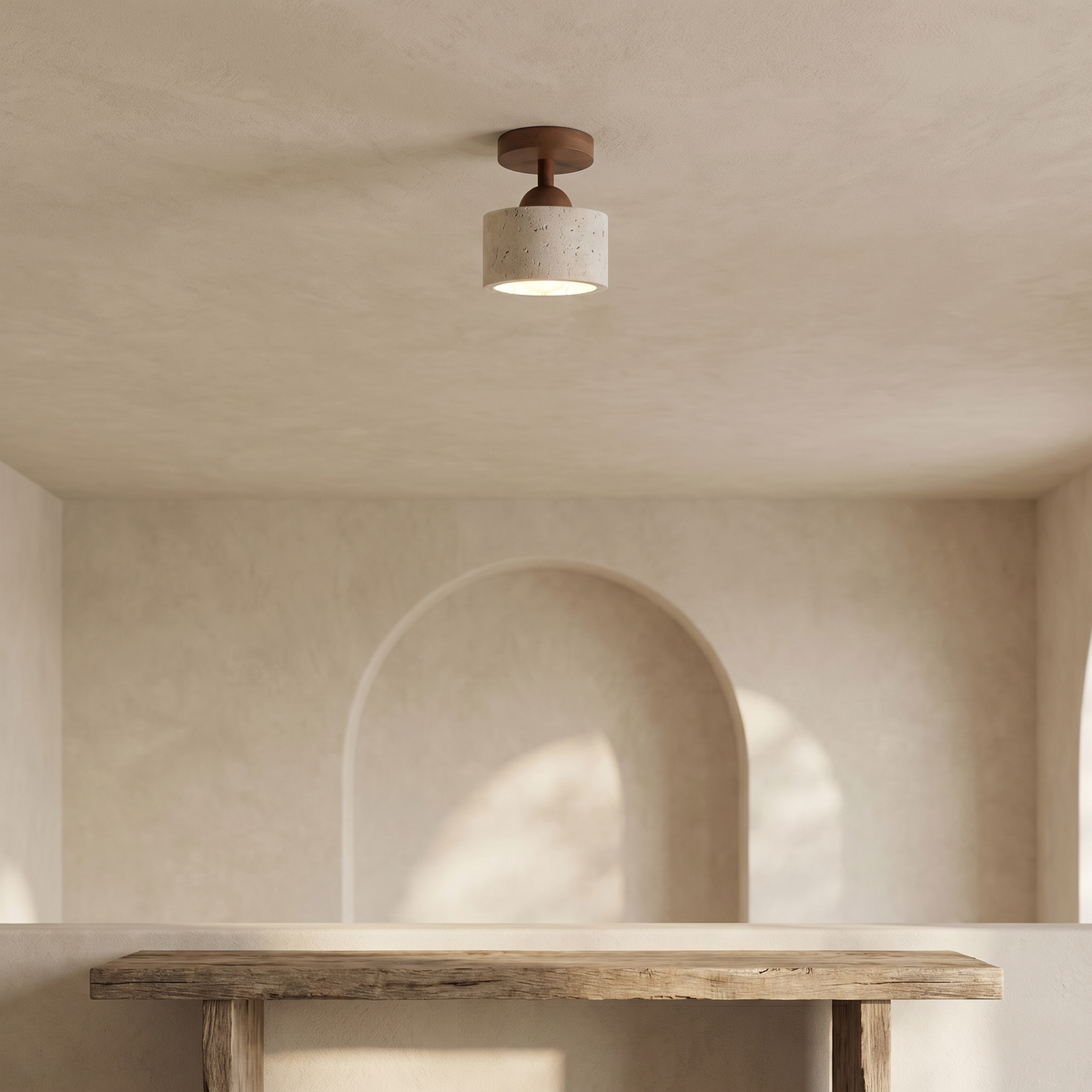 Plafonnier Tambour en Travertin & Bois Foncé