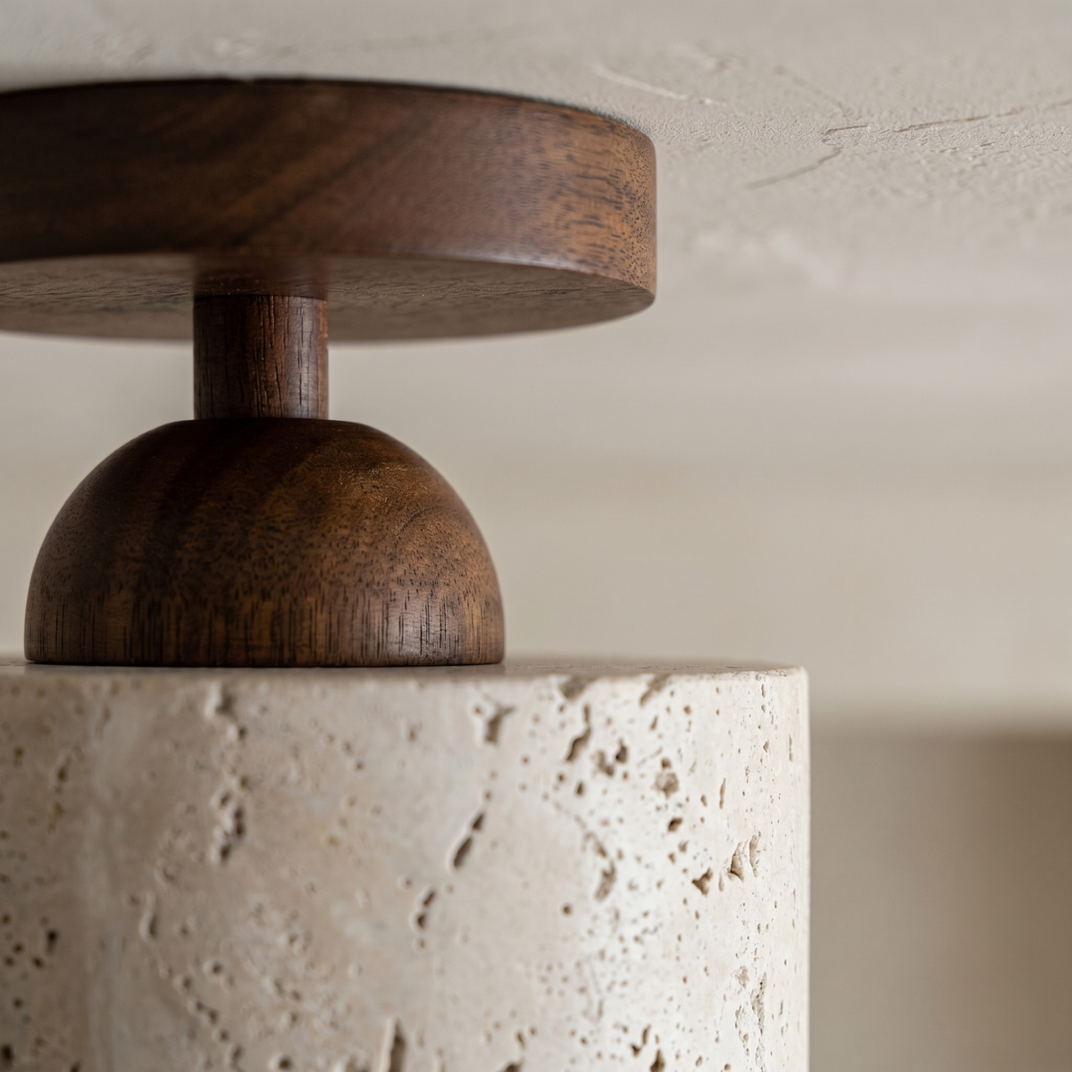 Plafonnier Tambour en Travertin & Bois Foncé