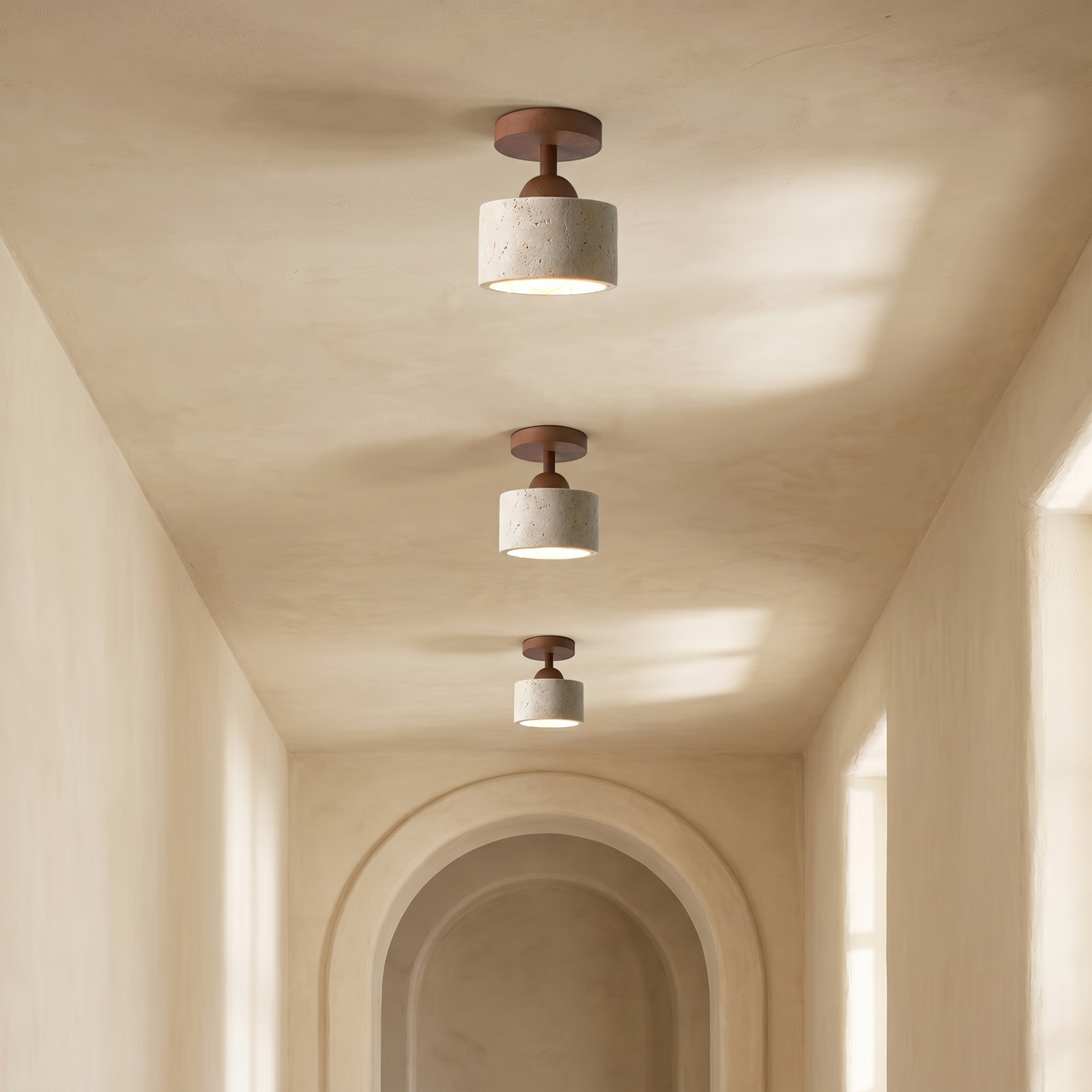 Plafonnier Tambour en Travertin & Bois Foncé