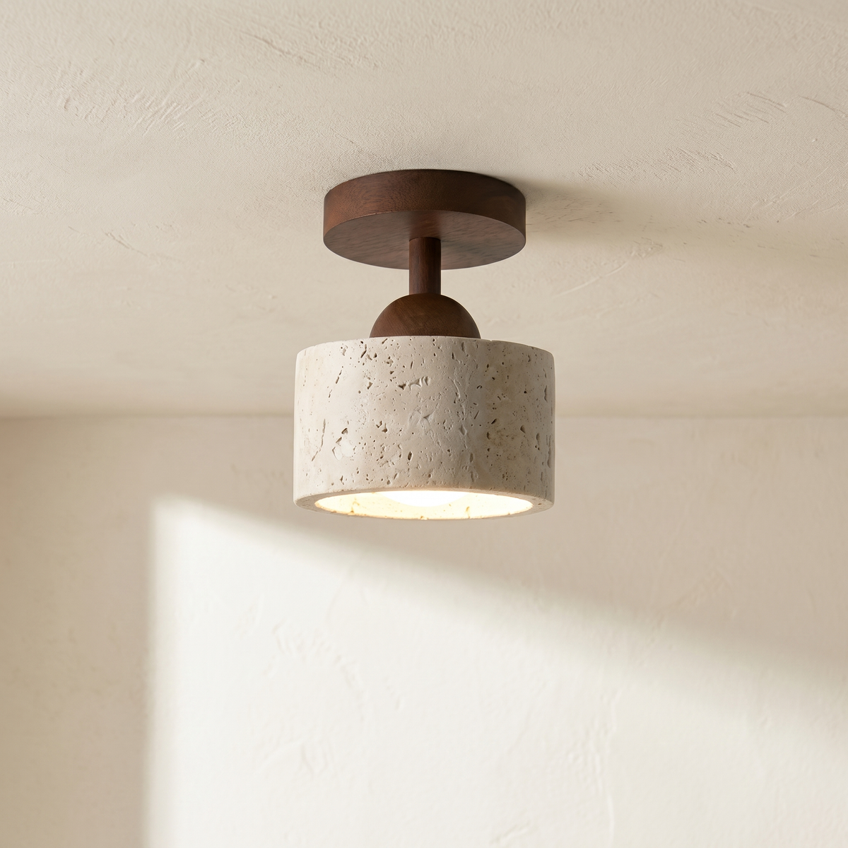 Plafonnier Tambour en Travertin & Bois Foncé