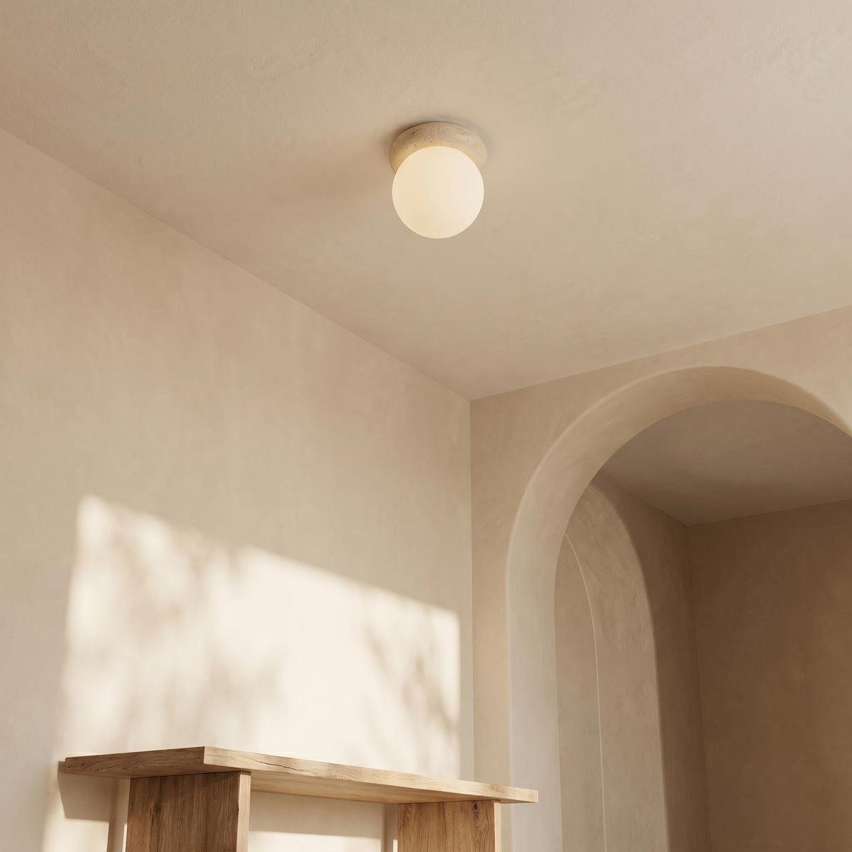Plafonnier en Travertin & Grand Globe Opale