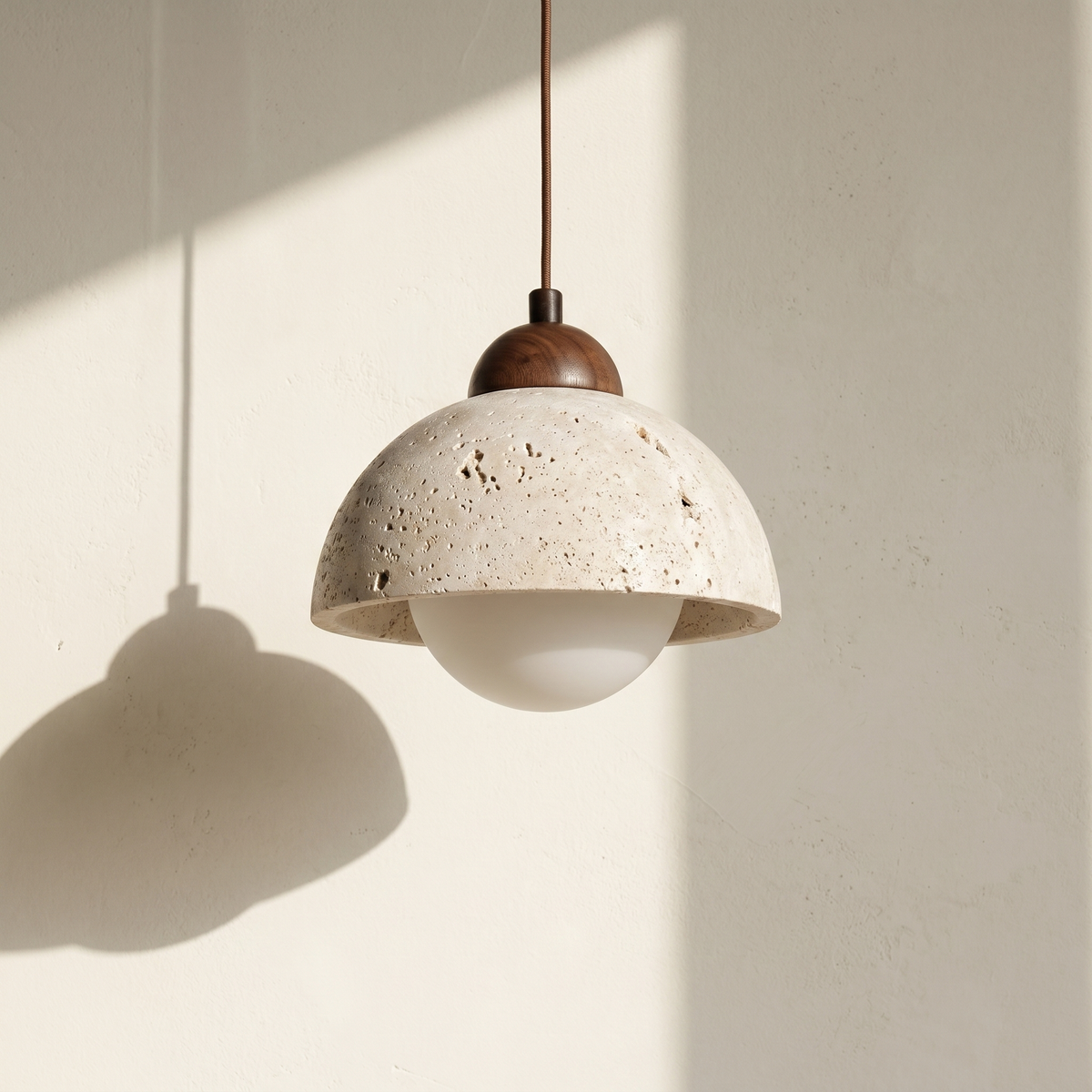Suspension Coupelle en Travertin & Globe Opale