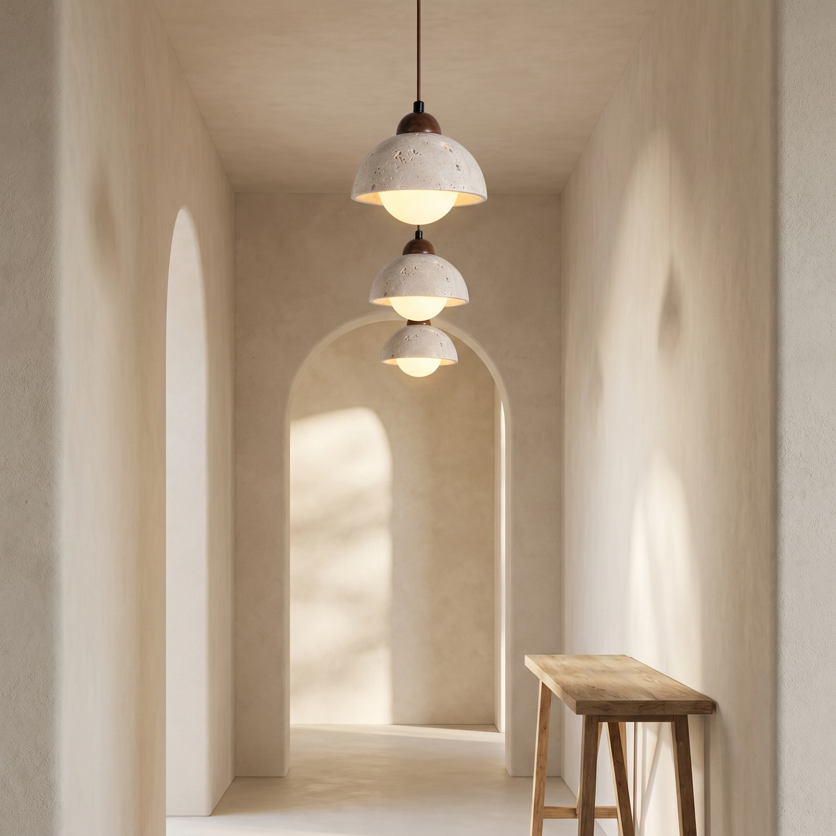 Suspension Coupelle en Travertin & Globe Opale