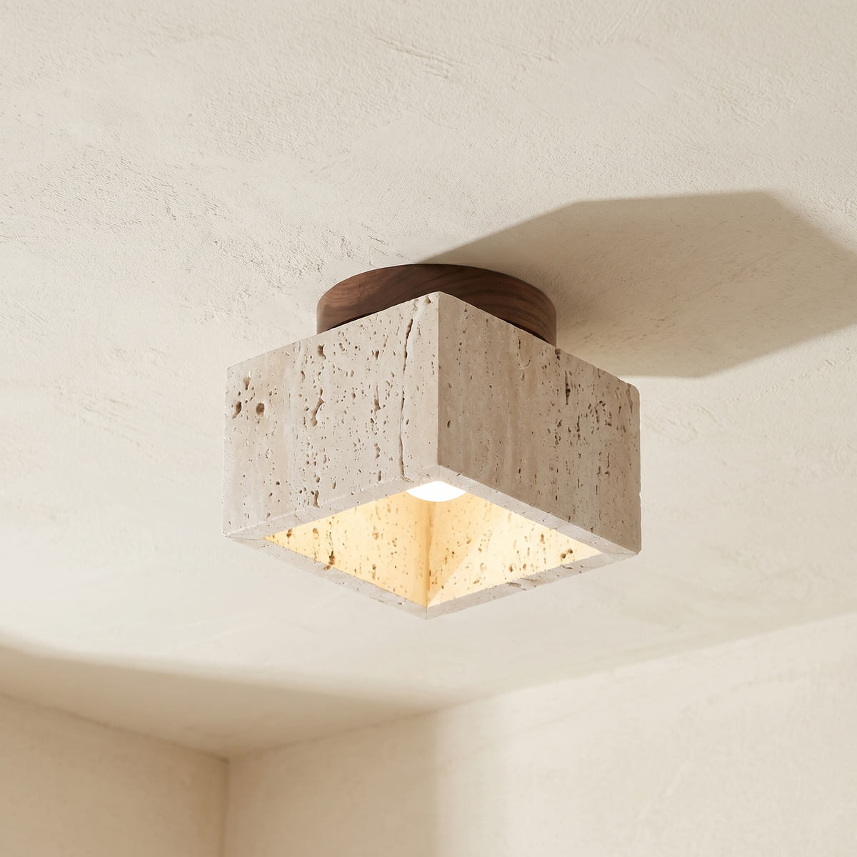 Plafonnier Cube en Travertin & Bois