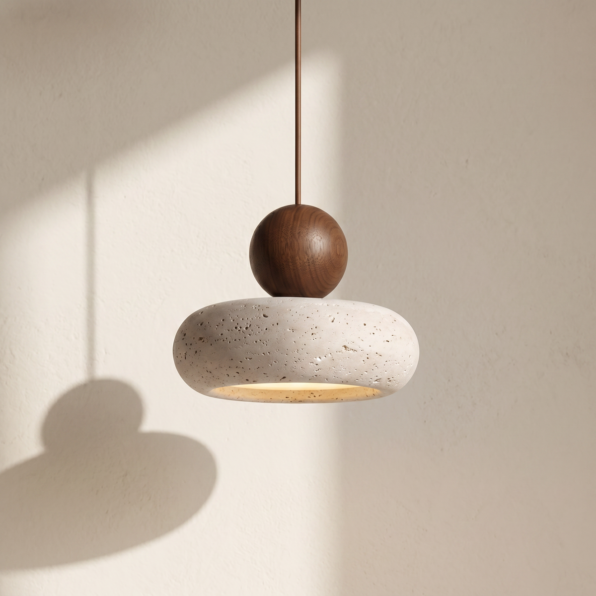 Suspension Galet en Travertin & Boule en Bois