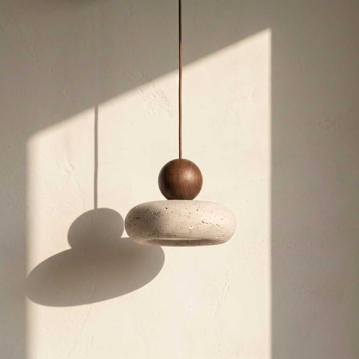 Suspension Galet en Travertin & Boule en Bois