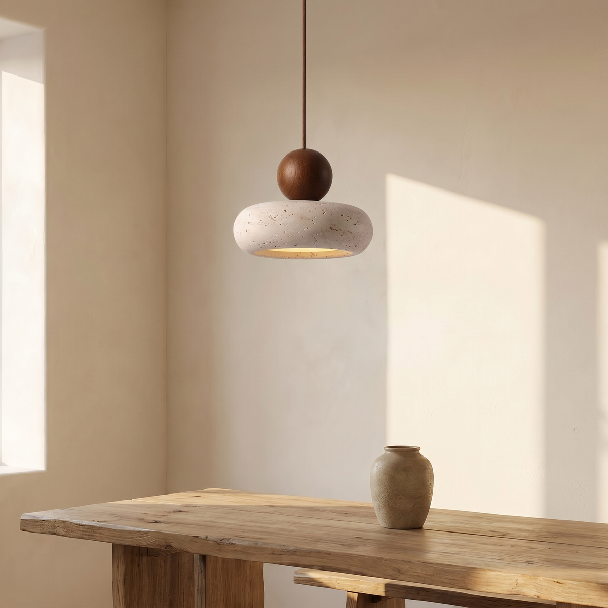 Suspension Galet en Travertin & Boule en Bois