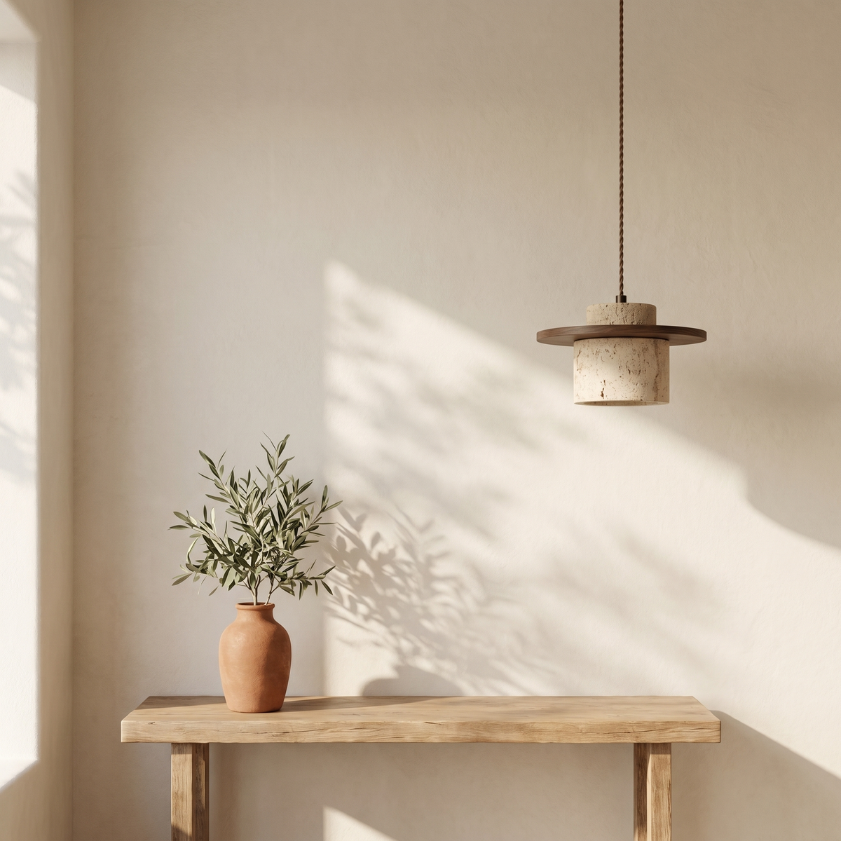 Suspension Cylindre en Travertin & Plateau Bois