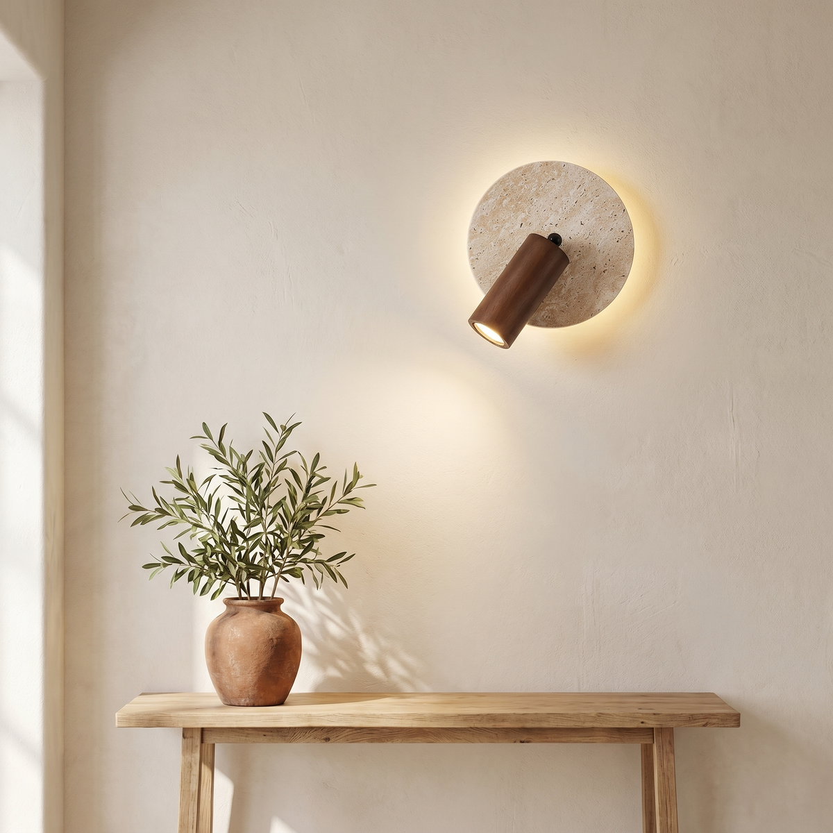 Applique Murale en Travertin & Spot Bois Orientable