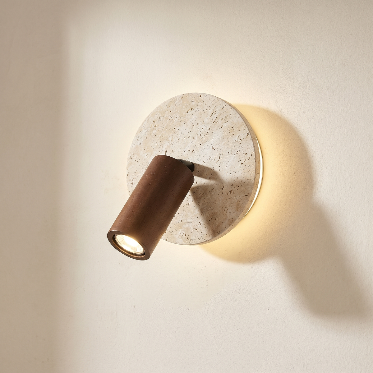 Applique Murale en Travertin & Spot Bois Orientable
