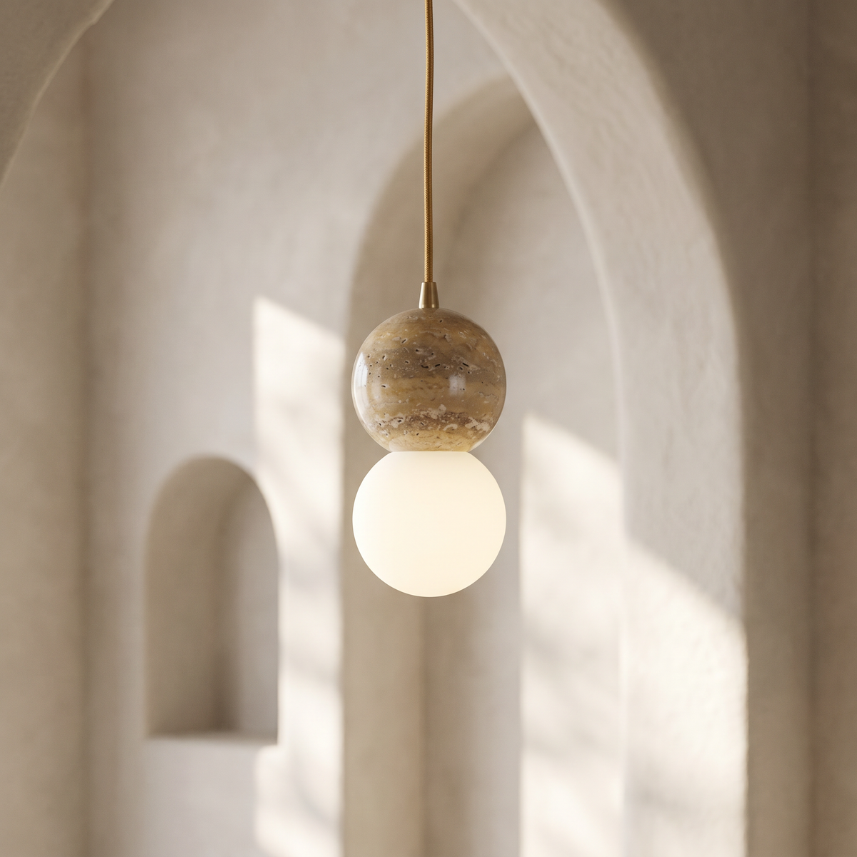 Suspension Double Sphère en Travertin & Verre Opale