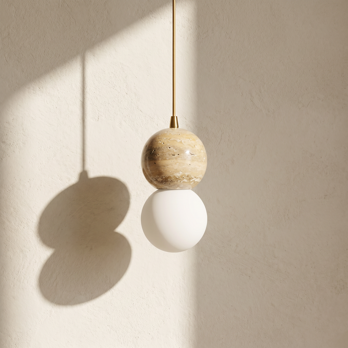 Suspension Double Sphère en Travertin & Verre Opale