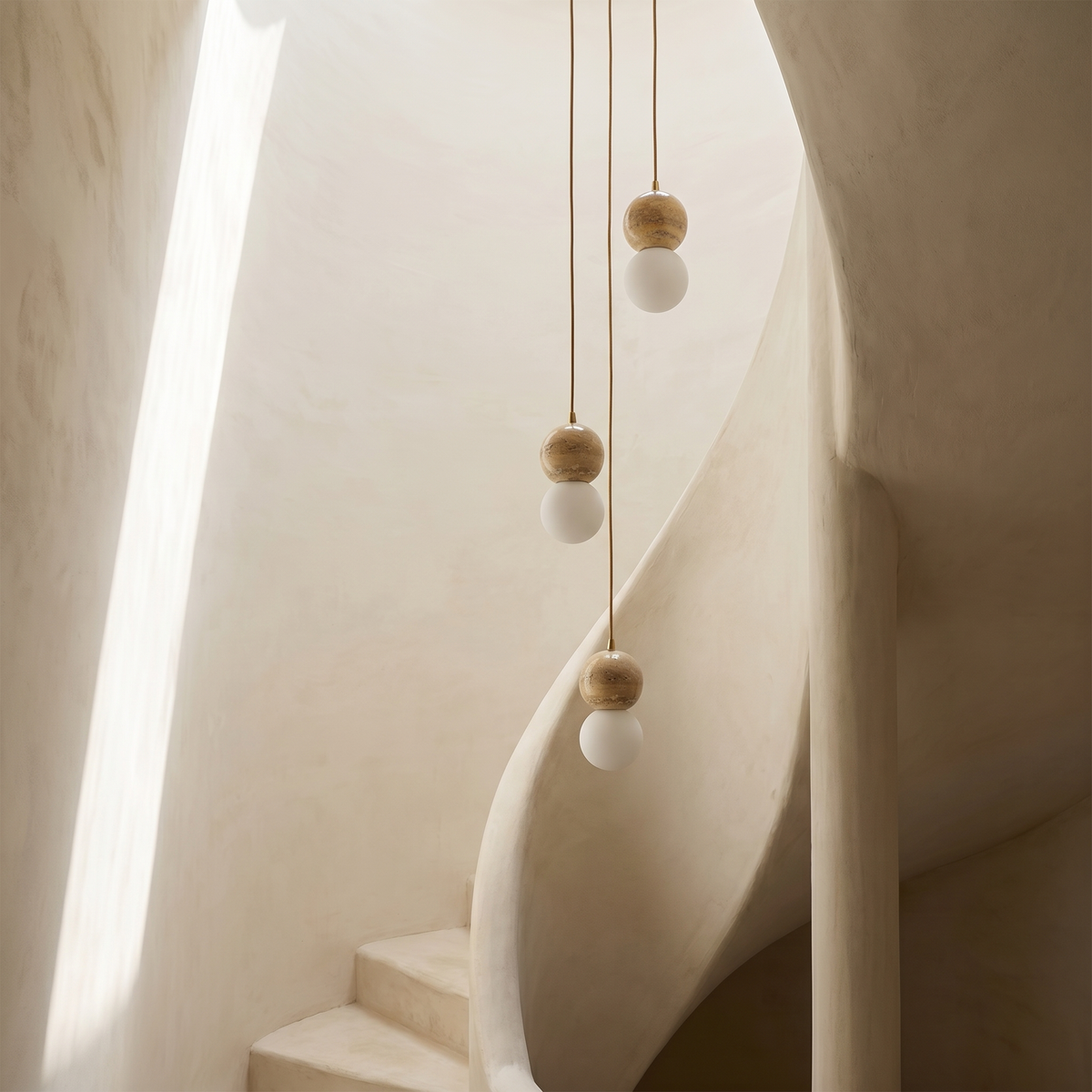 Suspension Double Sphère en Travertin & Verre Opale
