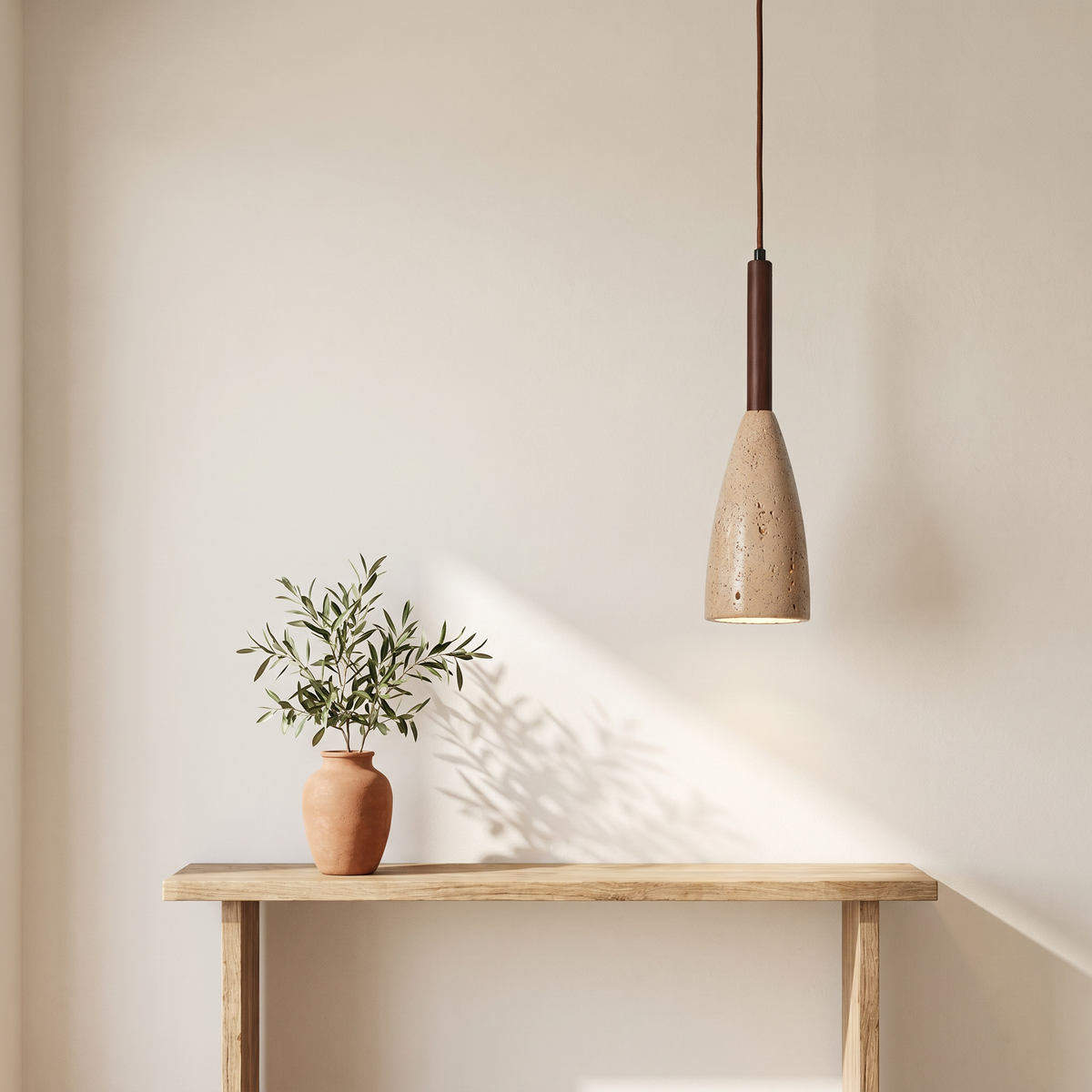 Suspension Conique en Travertin & Bois