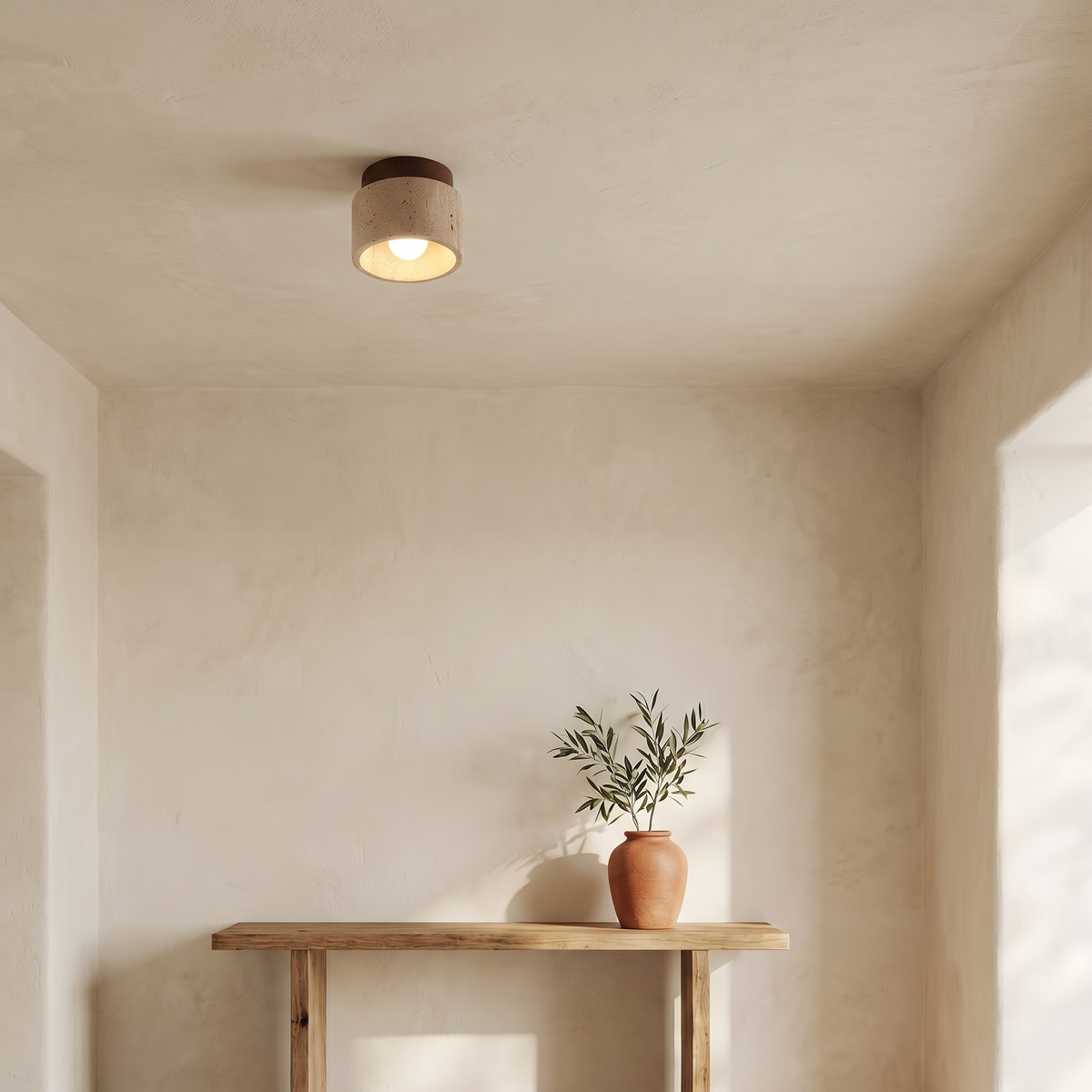 Plafonnier Cylindre en Travertin & Effet Bois