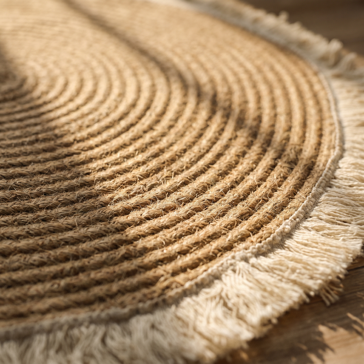 Tapis Rond en Coton Effet Jute Tressé à Franges