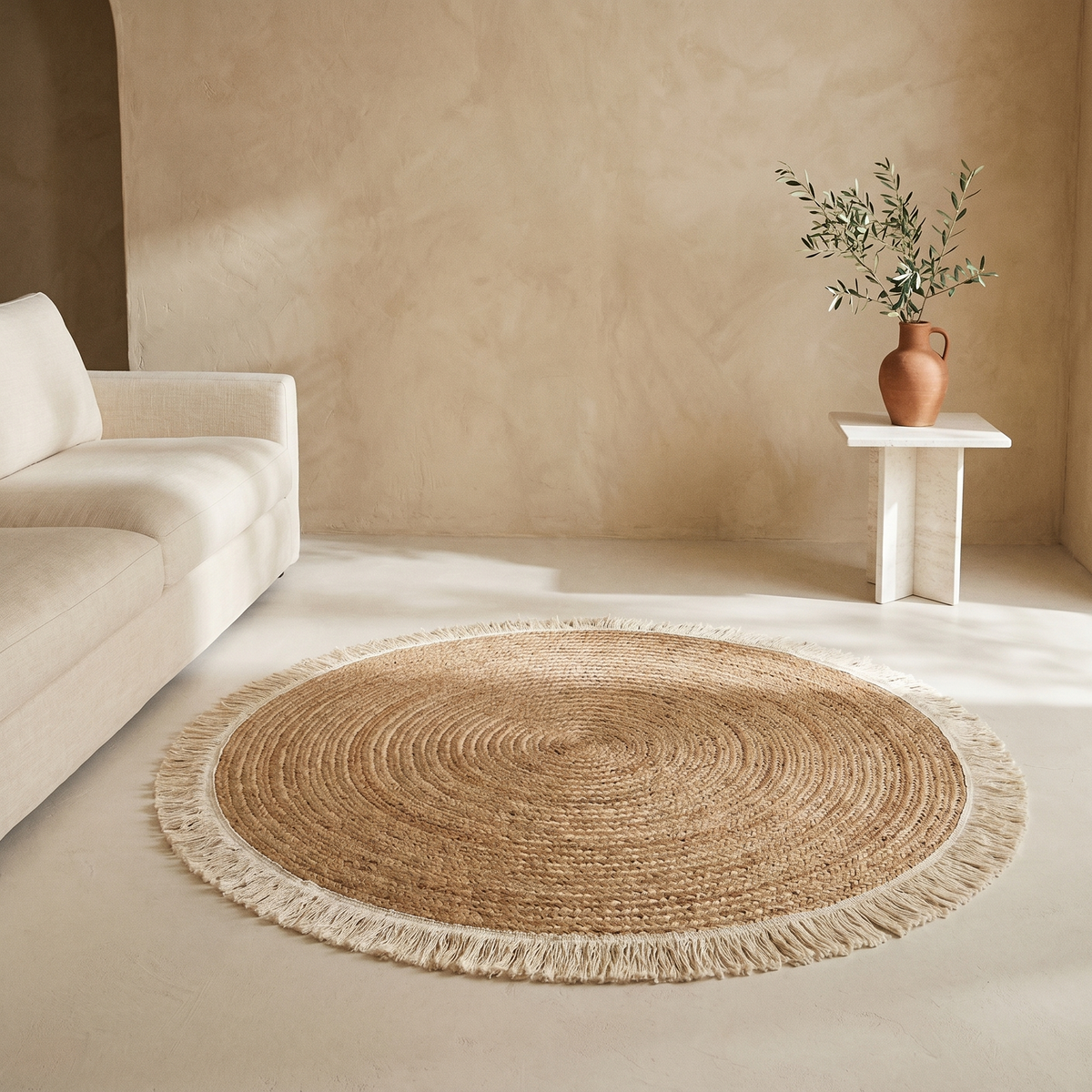 Tapis Rond en Coton Effet Jute Tressé à Franges