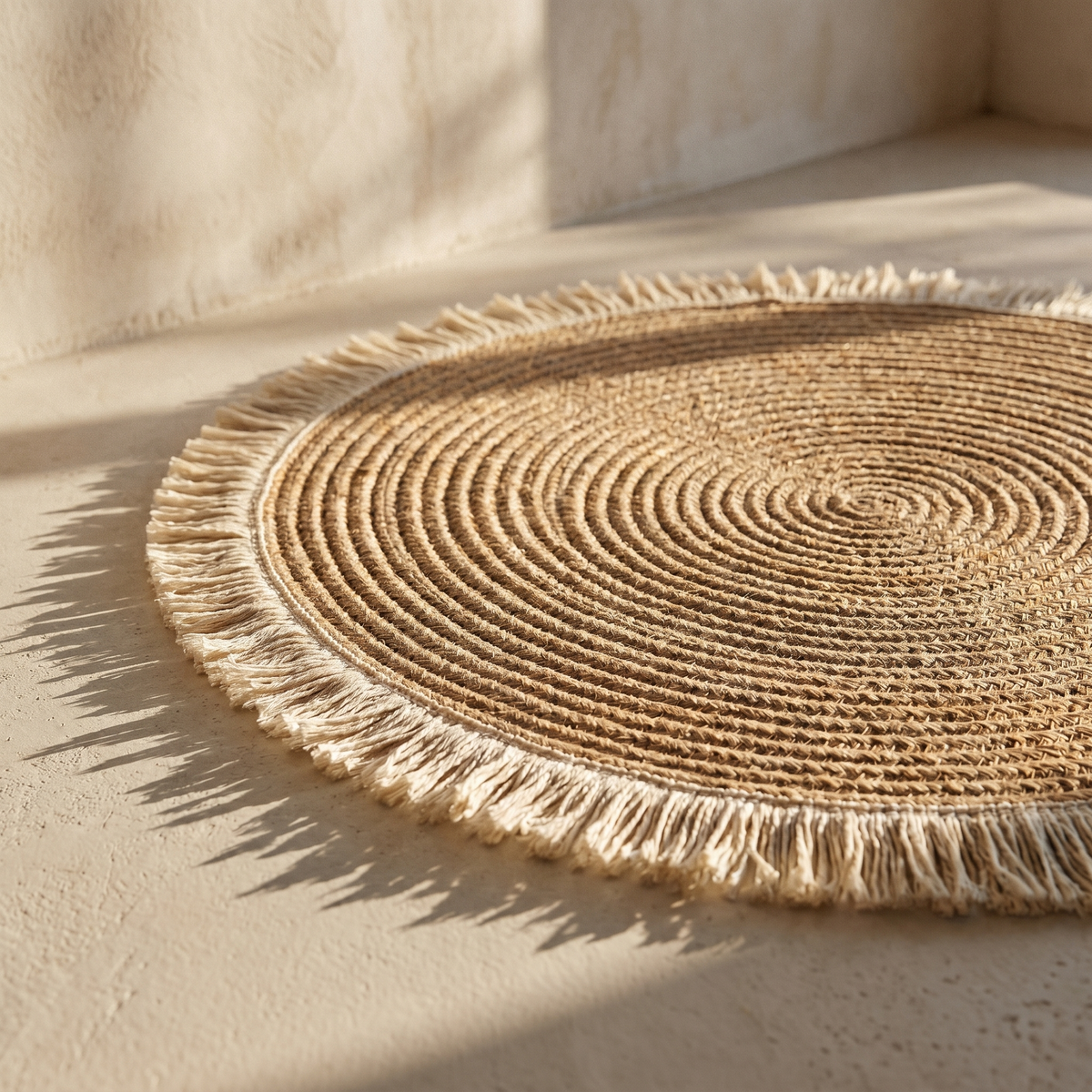 Tapis Rond en Coton Effet Jute Tressé à Franges