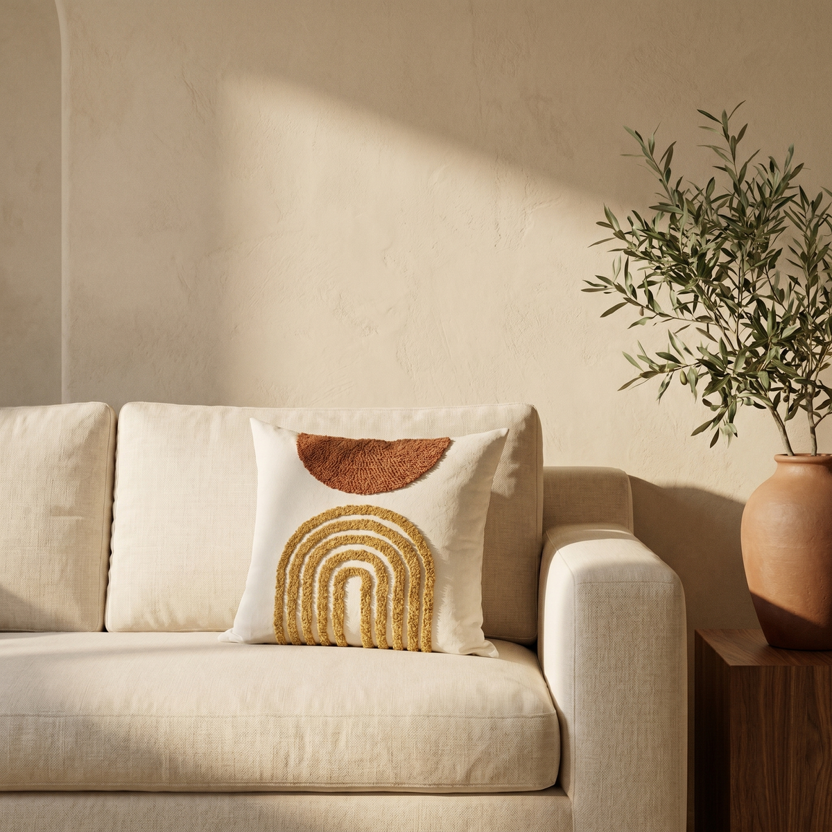Housse de Coussin Brodé Motif Arche Terracotta