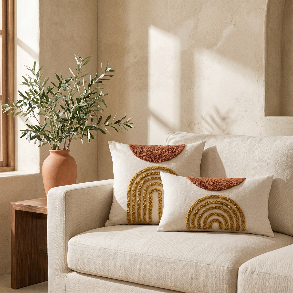 Housse de Coussin Brodé Motif Arche Terracotta