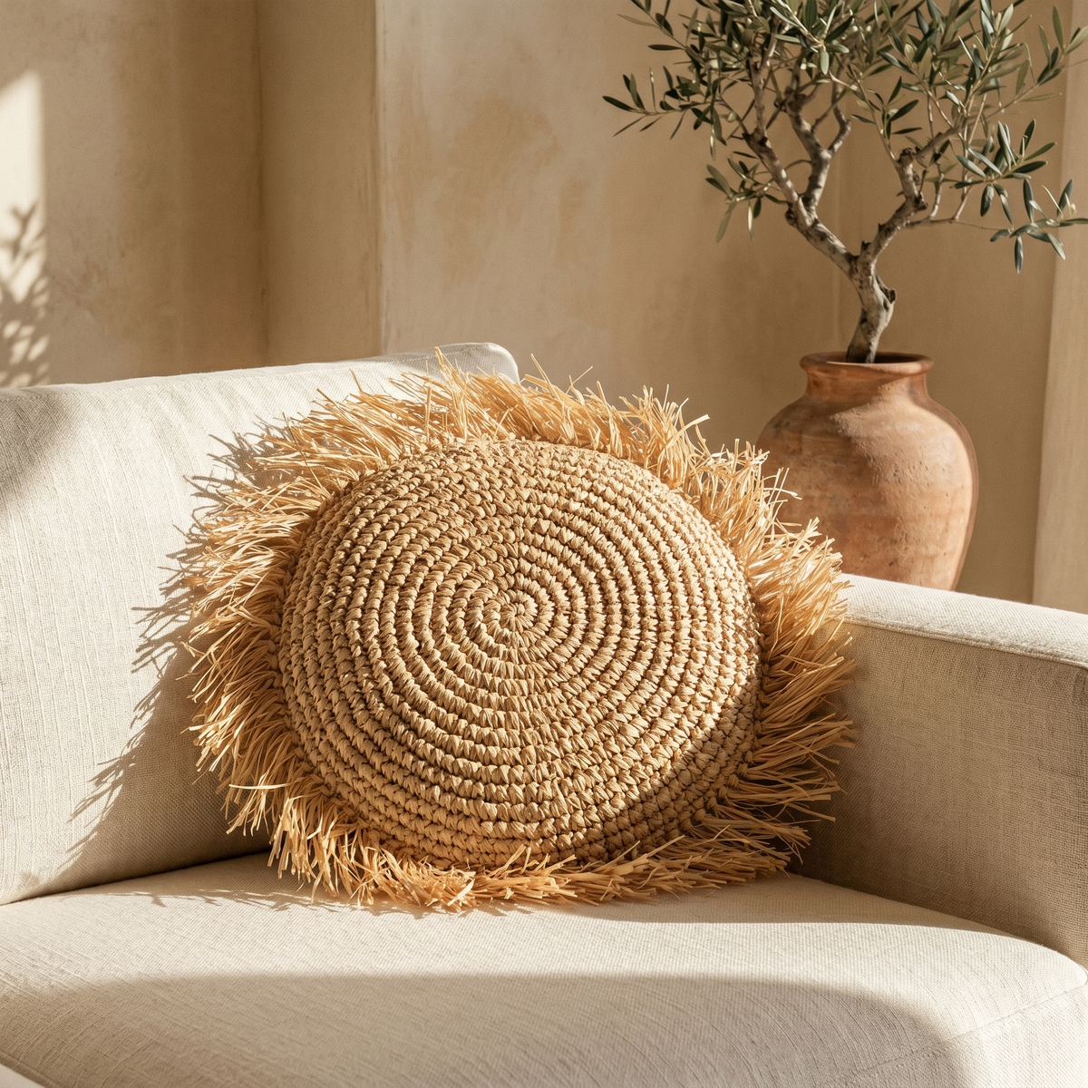 Coussin Rond en Raphia Tressé à Franges