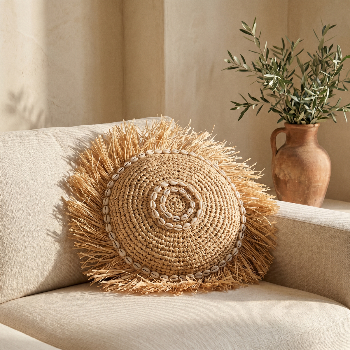 Coussin Rond en Fibre Naturelle & Cauris