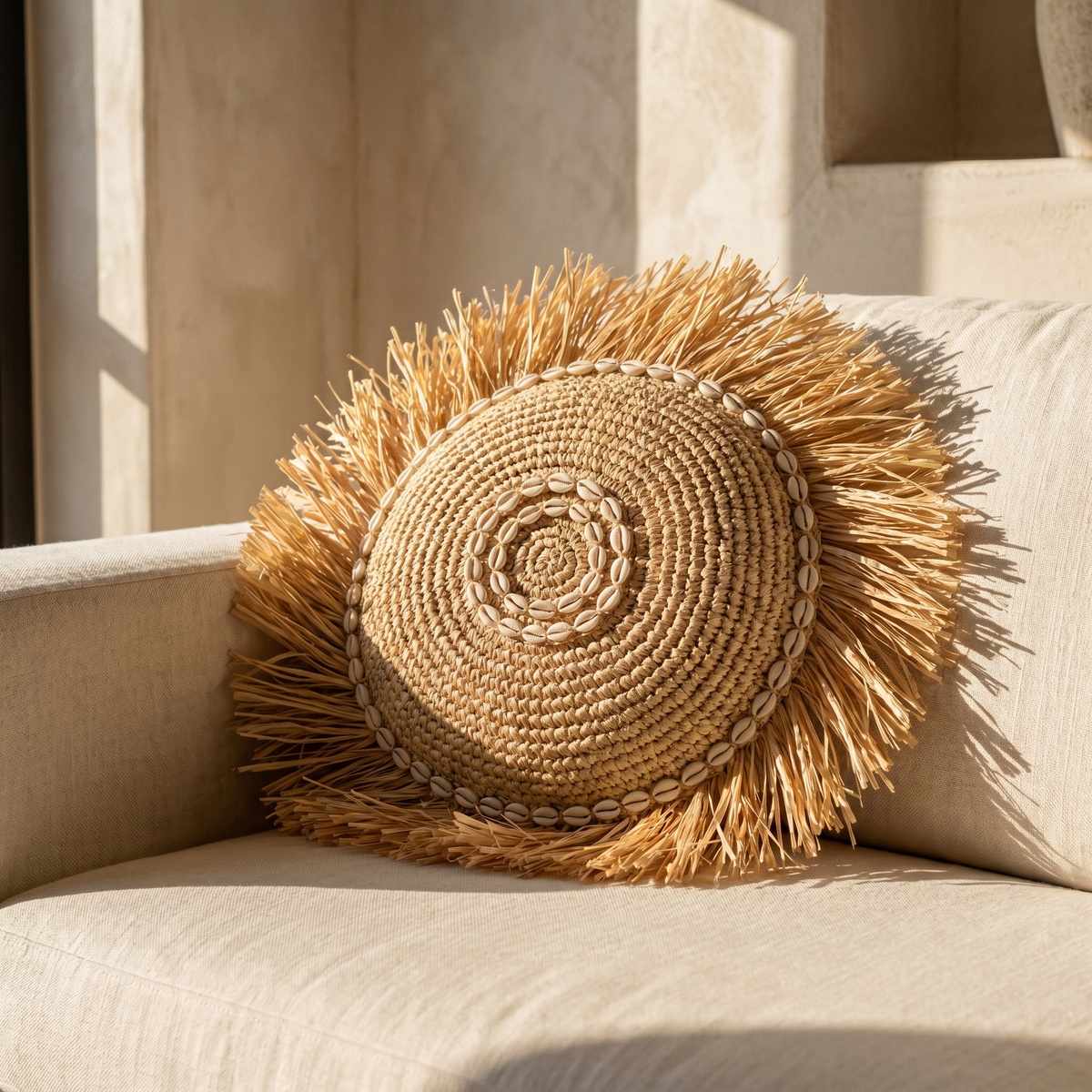 Coussin Rond en Fibre Naturelle & Cauris