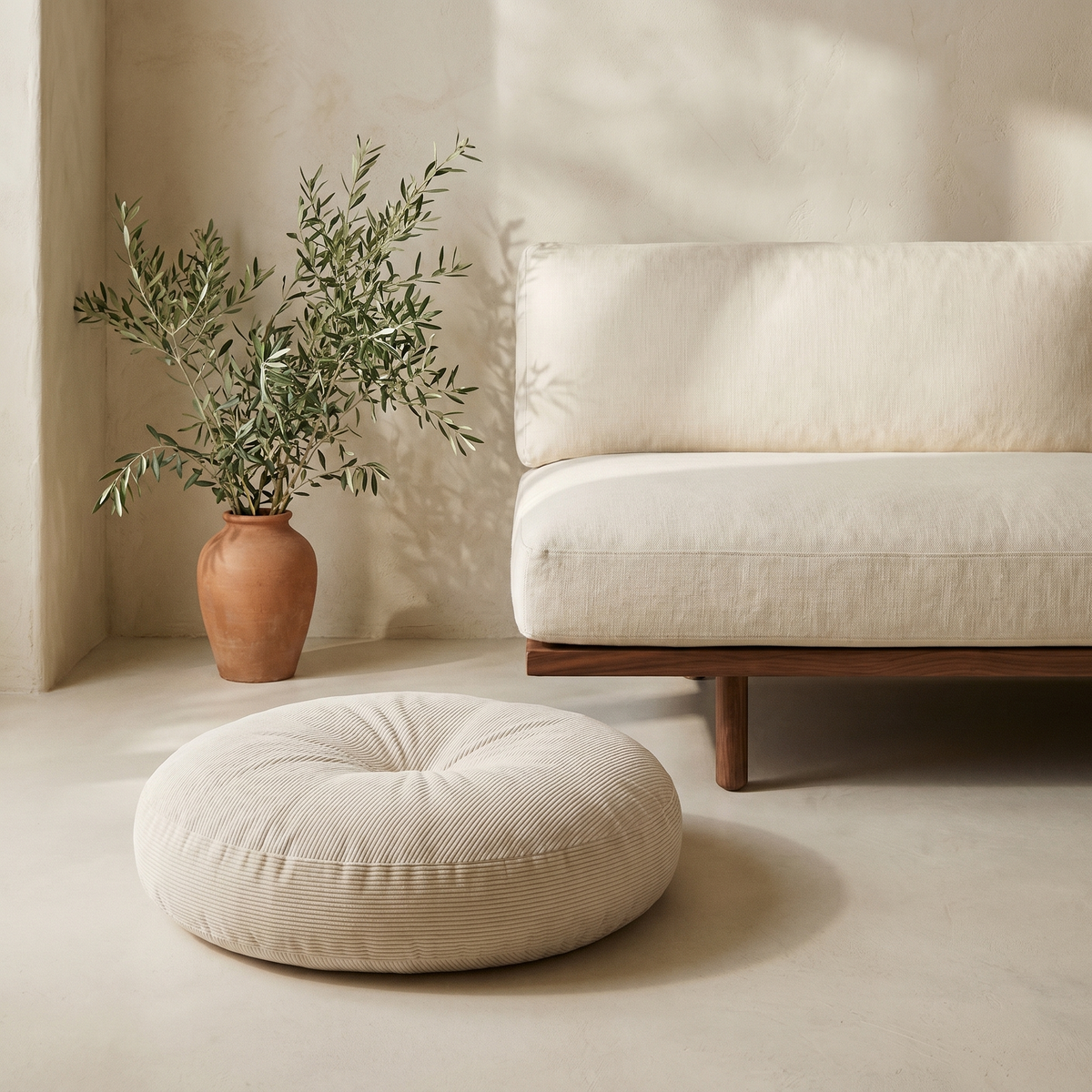 Coussin de Sol Rond en Velours Côtelé