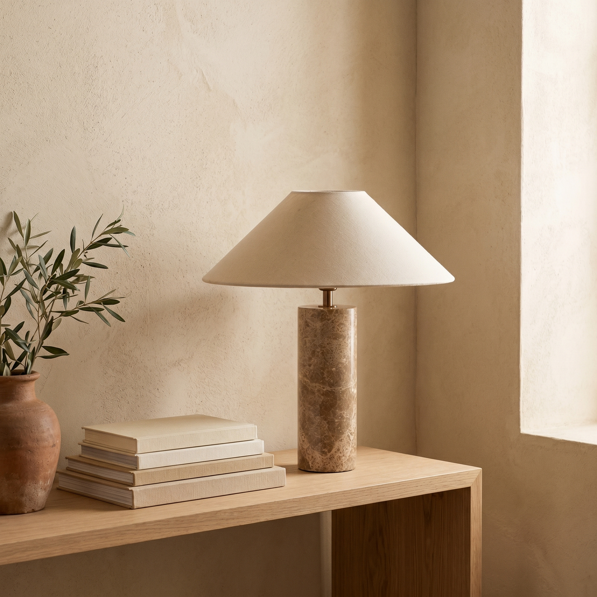 Lampe à Poser en Travertin & Abat jour Conique