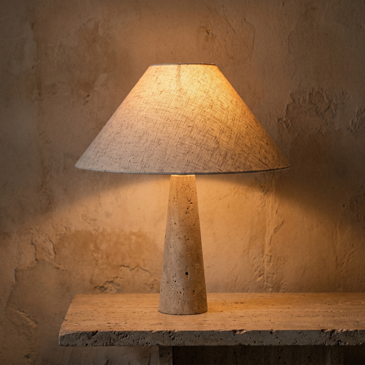 Lampe à Poser Pied Conique en Travertin & Abat jour