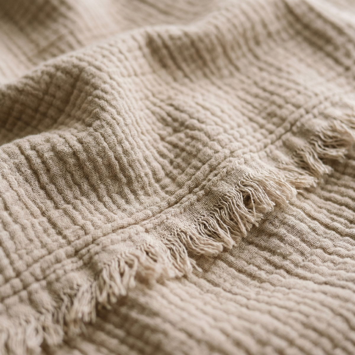 Plaid Jeté en Coton Texturé à Franges