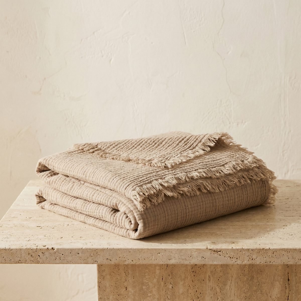Plaid Jeté en Coton Texturé à Franges