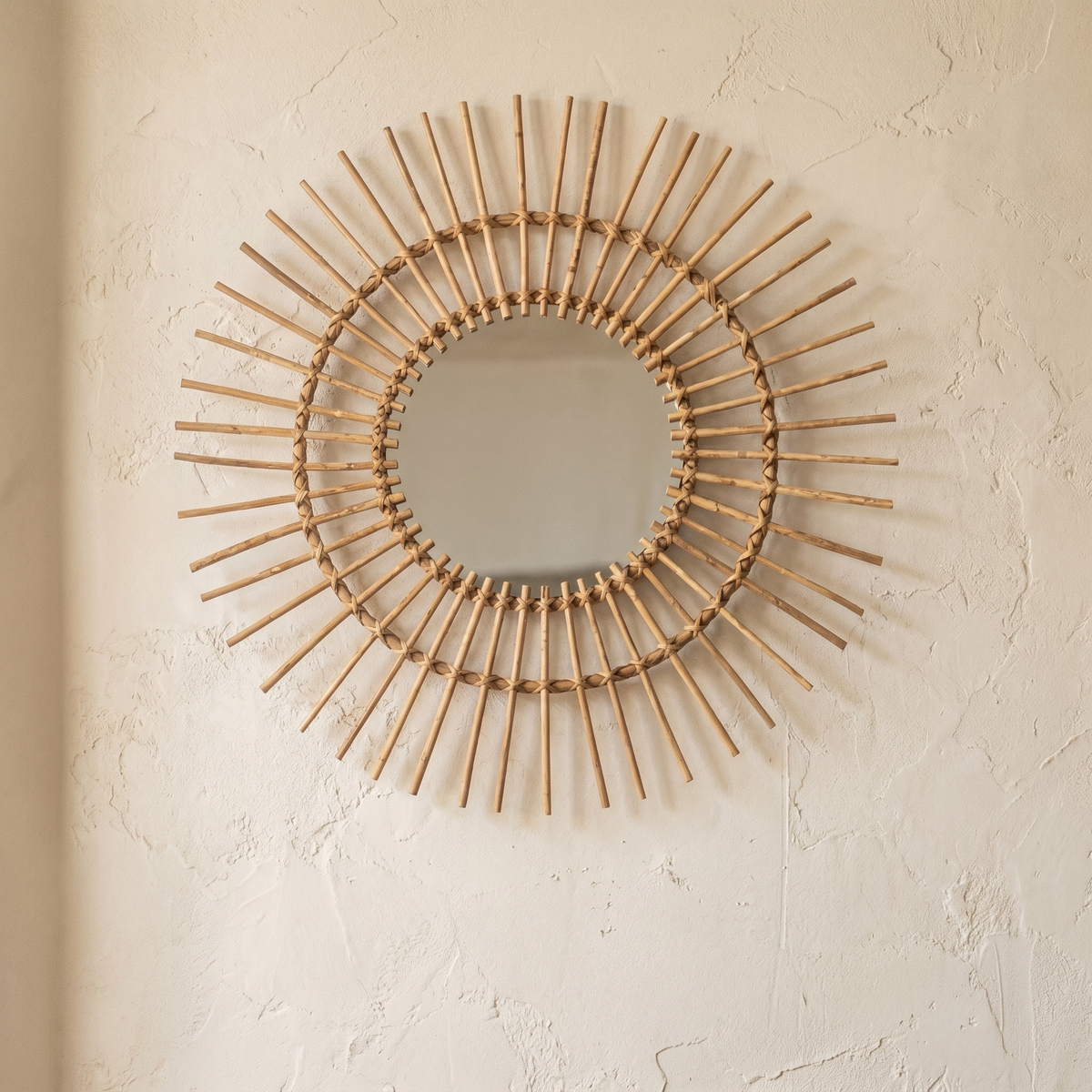 Miroir Mural Rond Soleil en Rotin