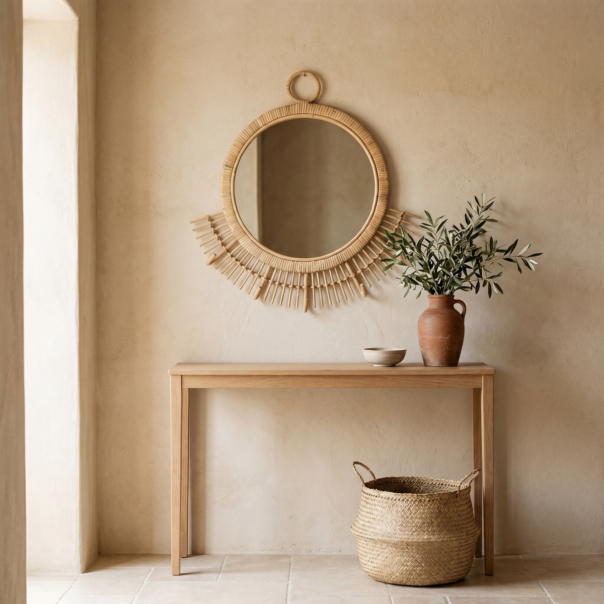 Miroir Demi Soleil en Rotin