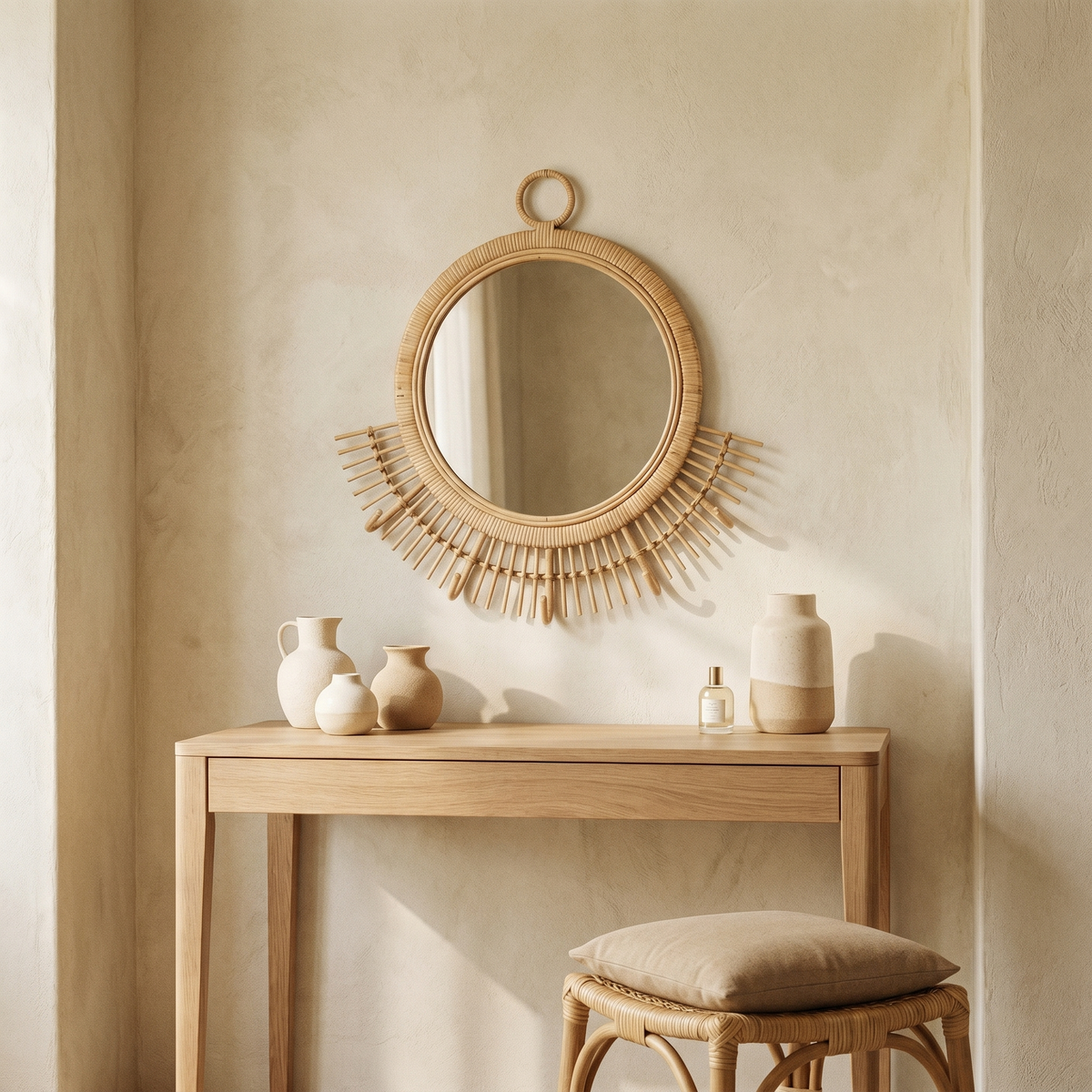 Miroir Demi Soleil en Rotin