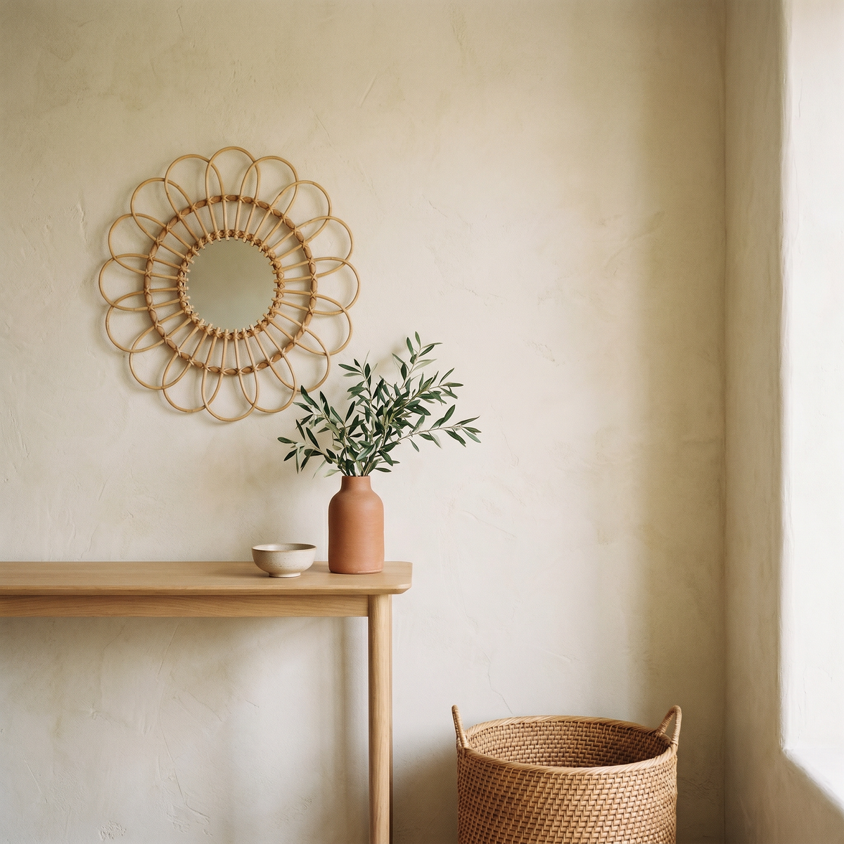 Miroir Rond Forme Fleur en Rotin