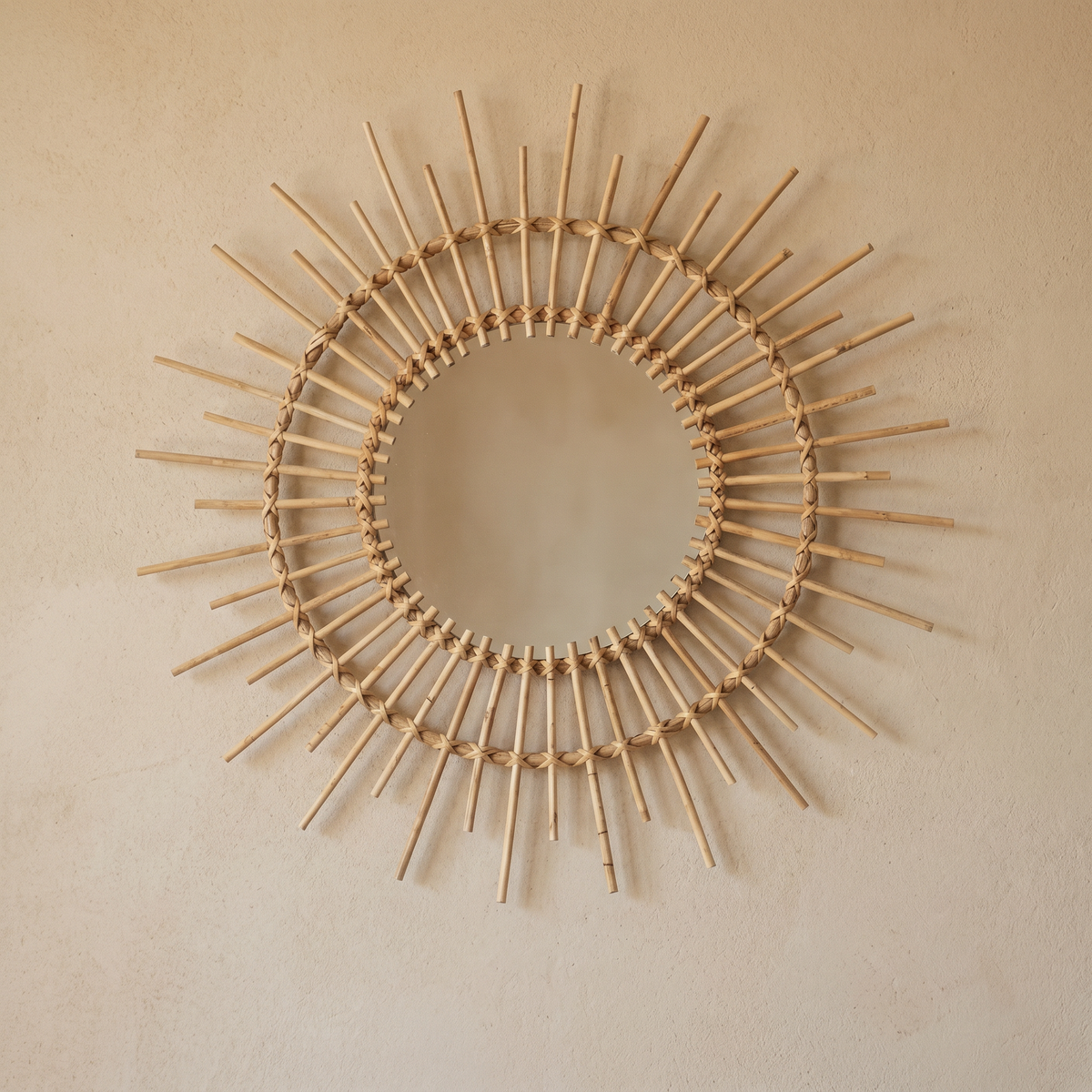 Miroir Rond Soleil Double Cercle en Rotin